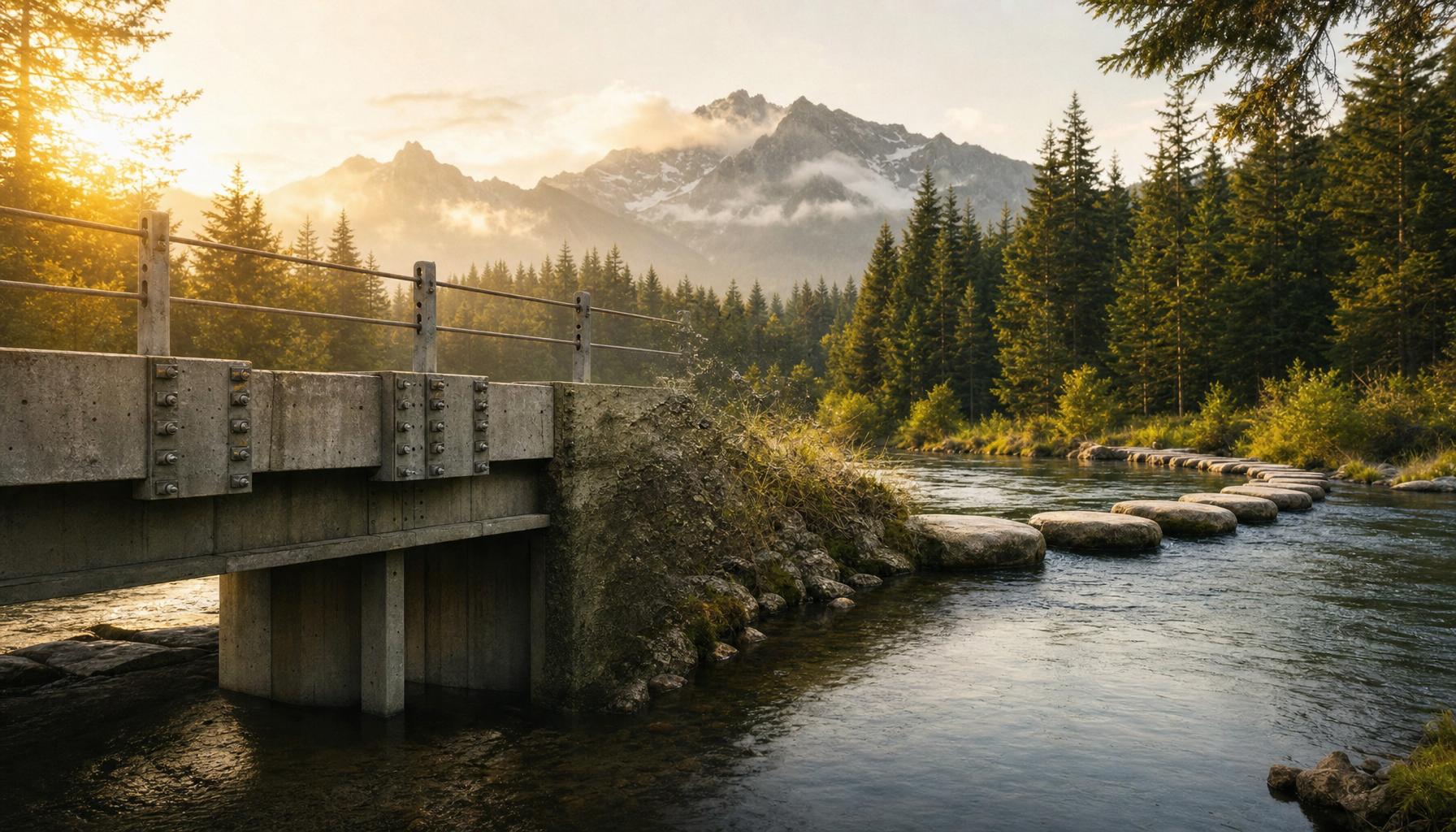 A concrete bridge and a line of stepping stones crossing a river toward a forested mountain range at sunrise.