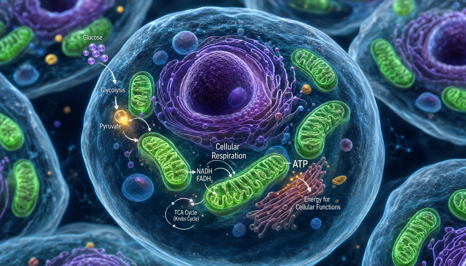 Ilustración de respiración celular: glucosa a ATP en mitocondrias (glucólisis, Krebs y NADH/FADH2)