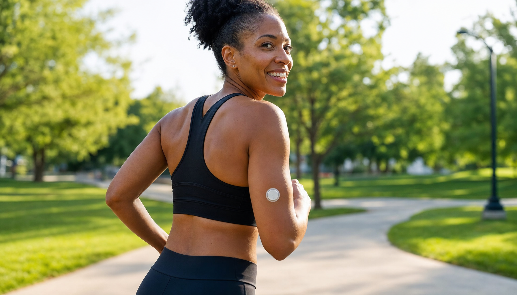 Runner in a park wearing a continuous glucose monitor sensor on her upper arm