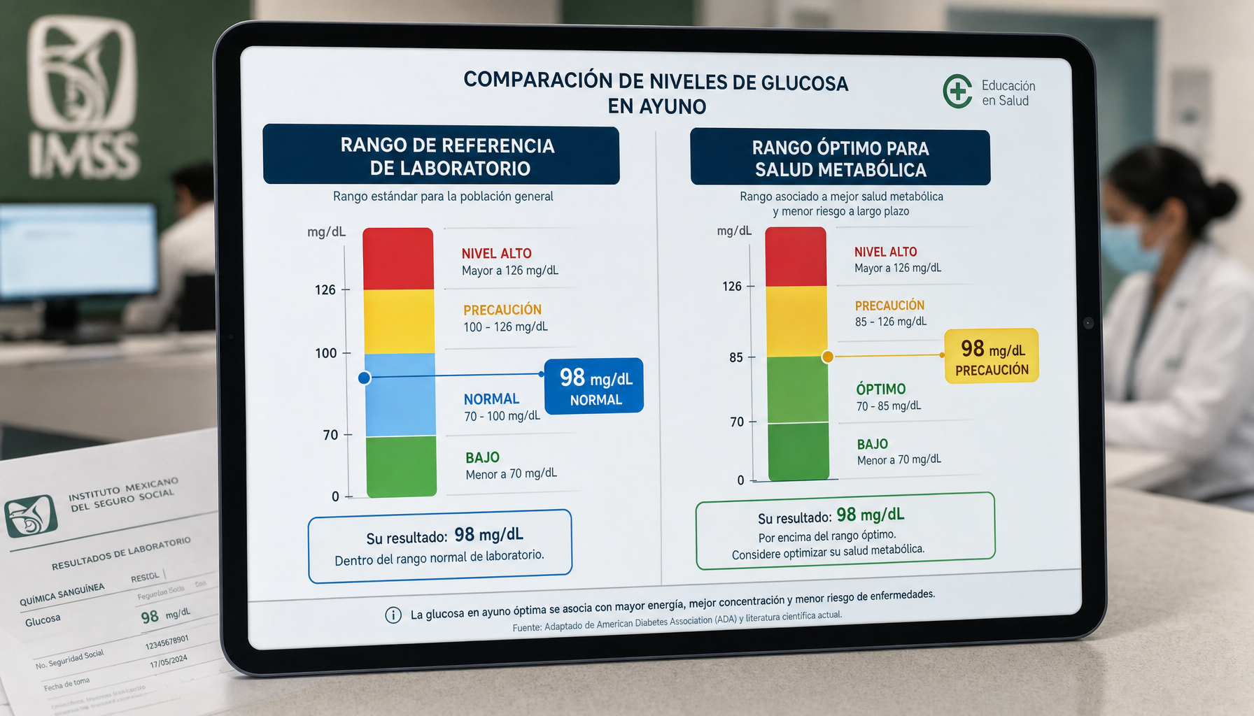 Gráfico compara rango normal de glucosa versus rango óptimo para longevidad metabólica