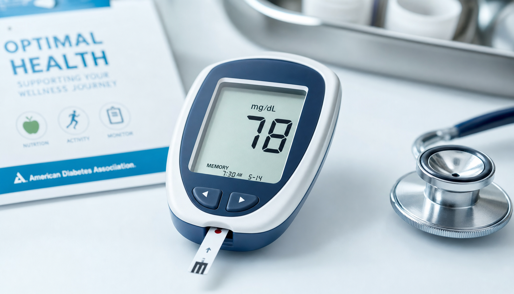Blood glucose meter shows 78 mg/dL on a desk beside a stethoscope and an electrocardiogram printout