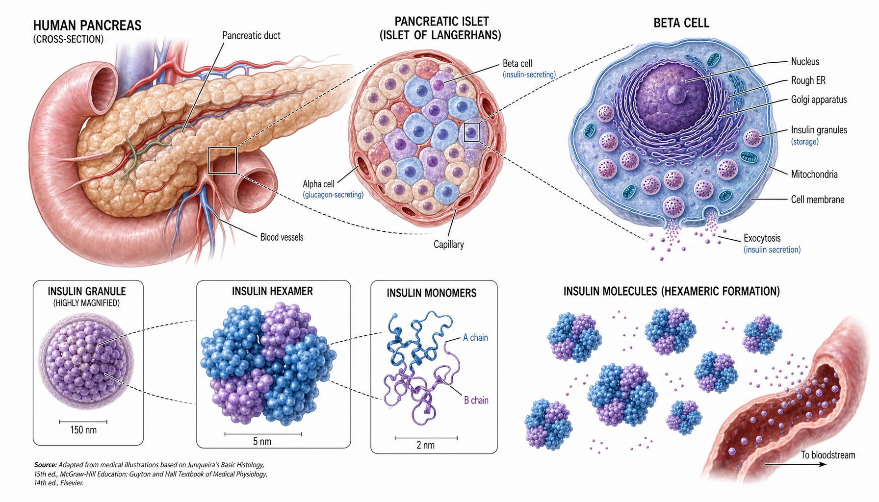 Illustration of pancreas beta cells producing and secreting insulin, with zoom-ins from organ to insulin molecules