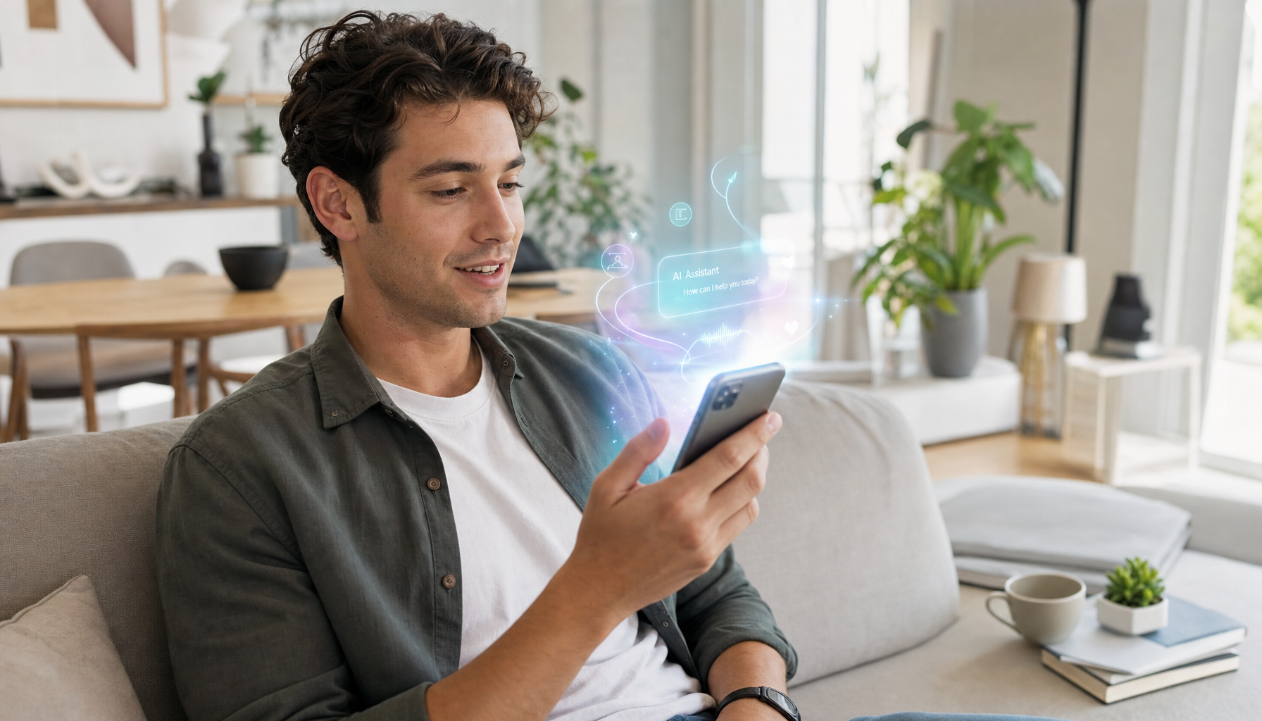 Person using a smartphone with a floating AI assistant interface, suggesting natural-language automation.