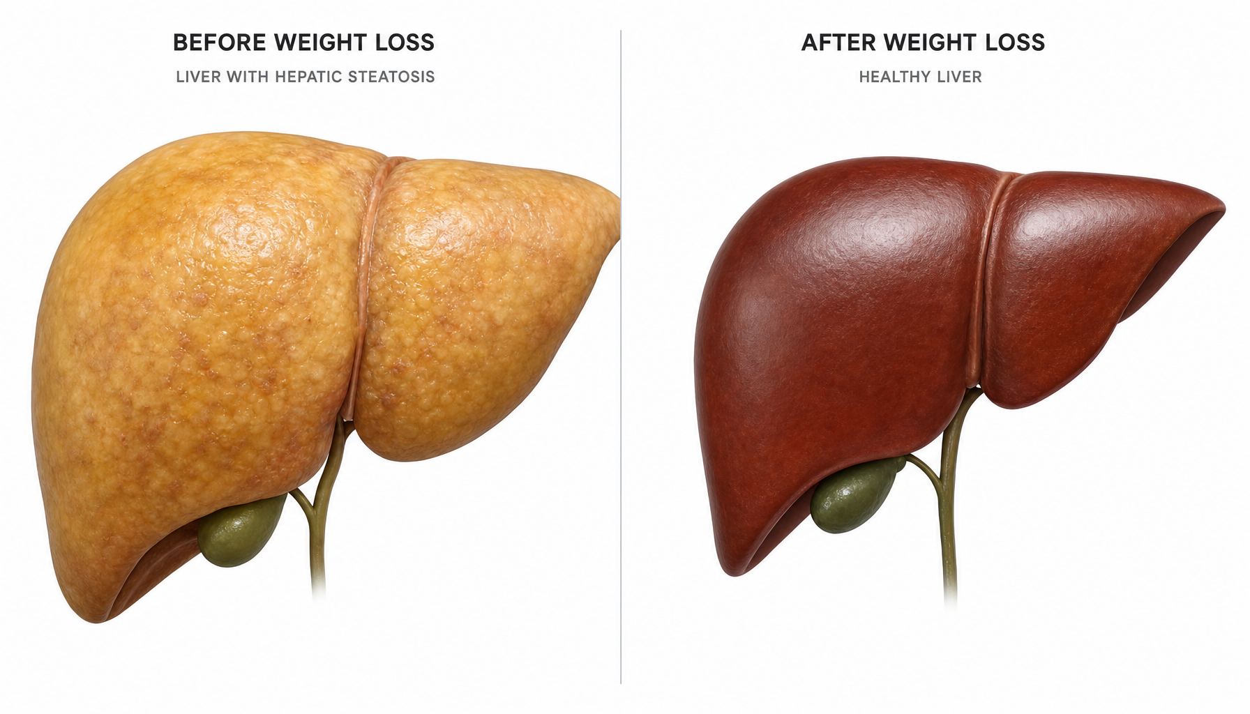 Side-by-side illustration of fatty liver before weight loss and a healthier liver after weight loss.