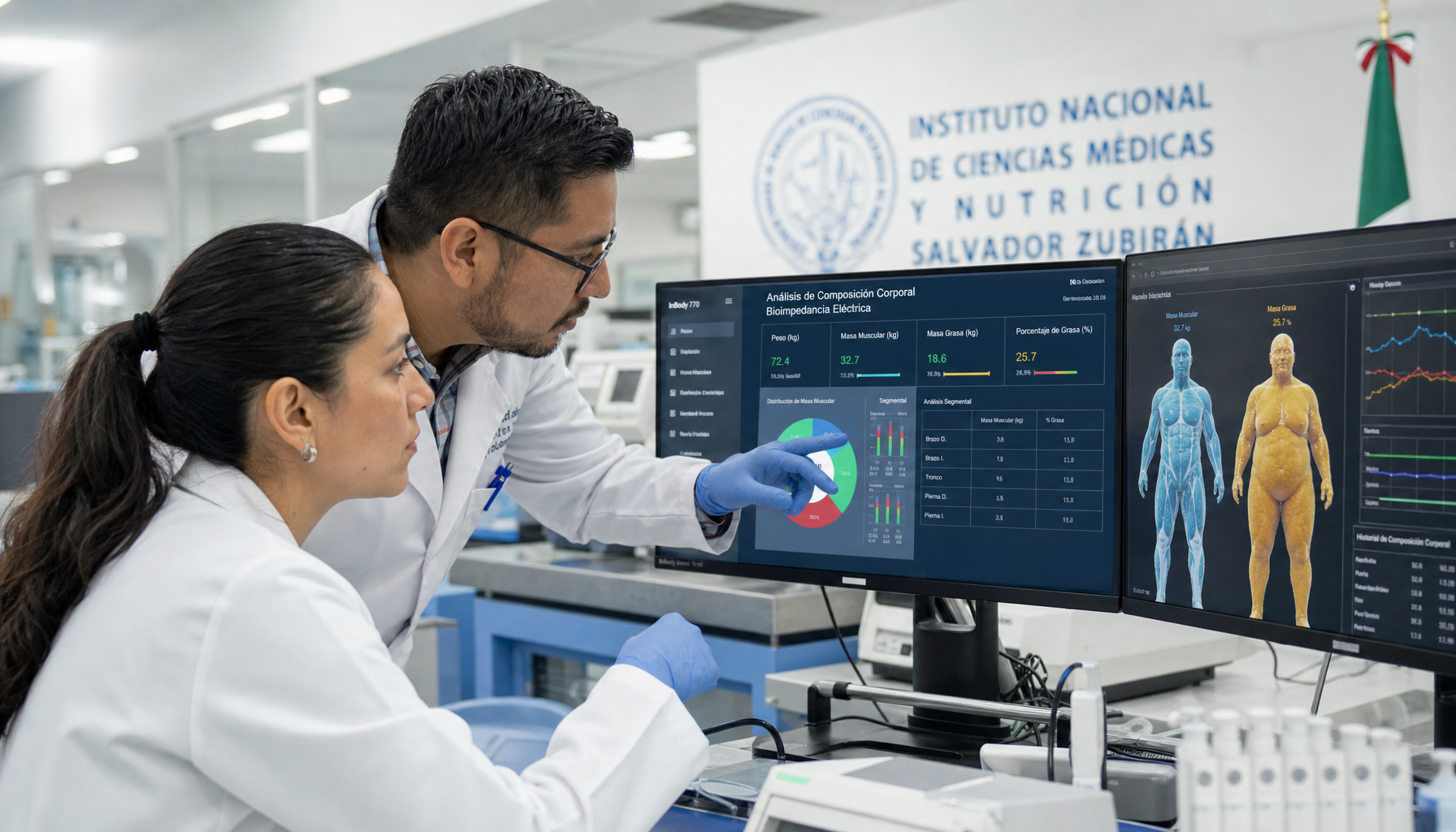 Investigadores analizan en monitores la composición corporal (masa grasa y muscular) en un instituto de salud en México.