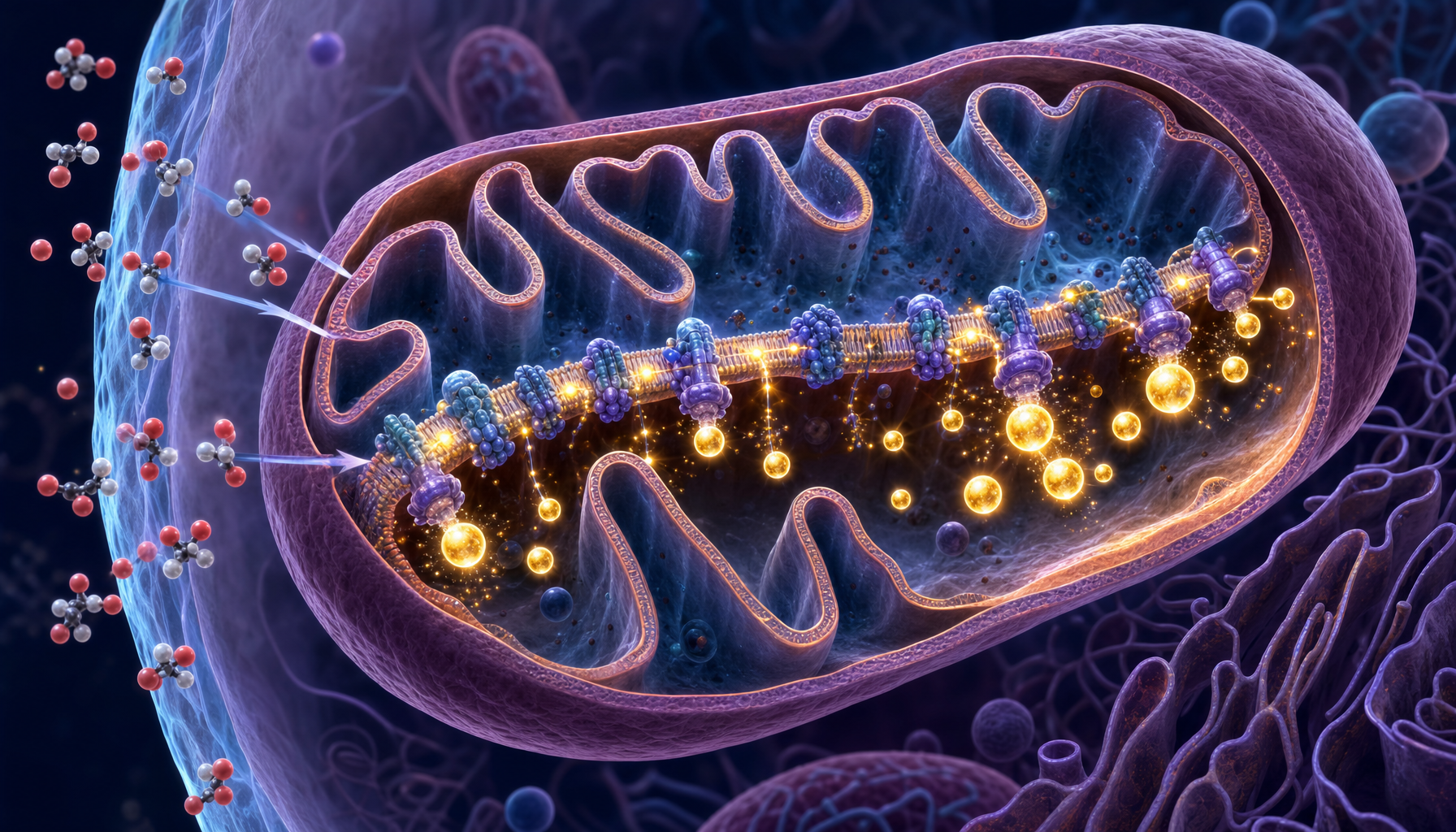 Ilustración 3D de una mitocondria mostrando la membrana interna y la producción de energía (ATP)
